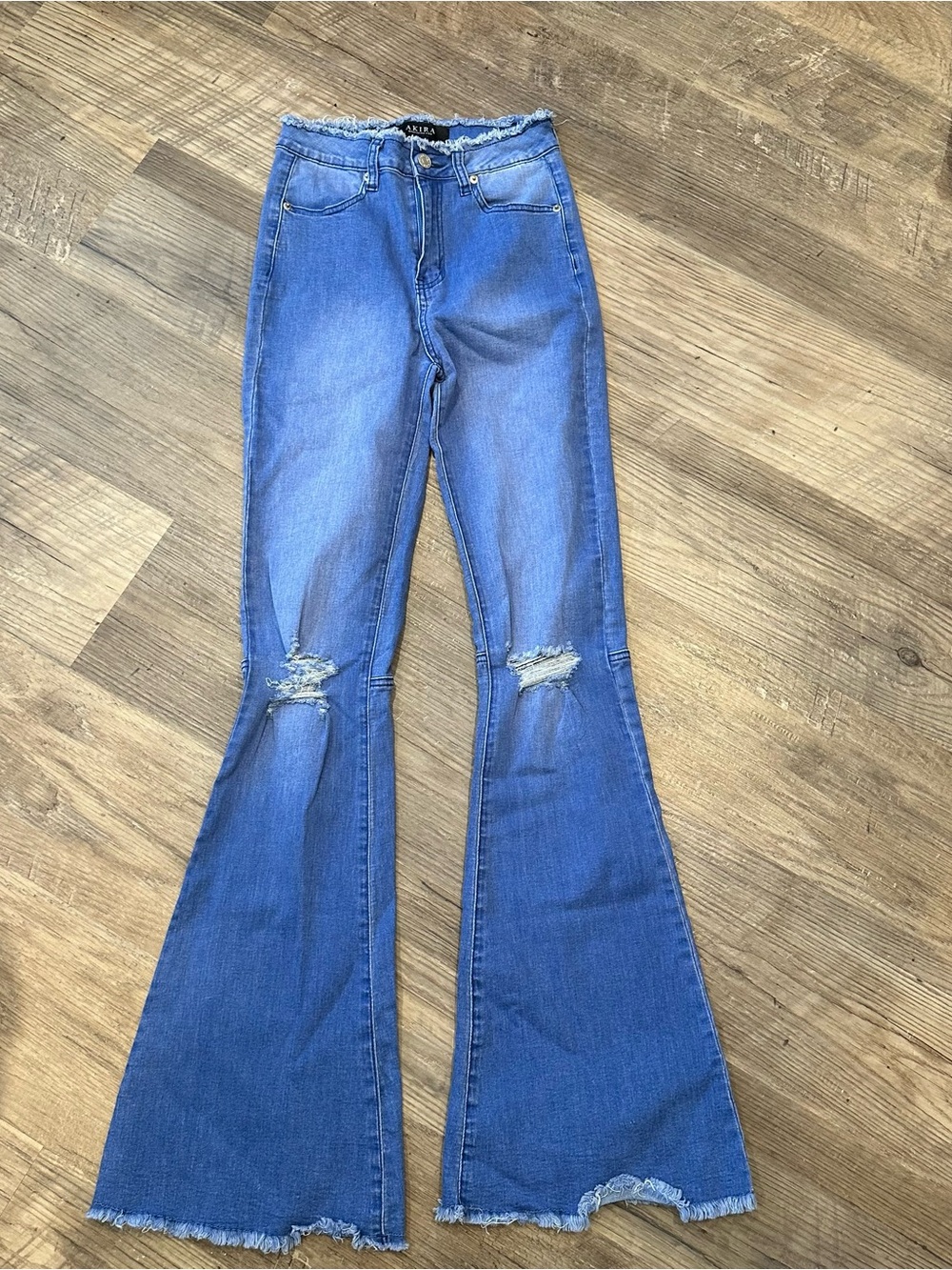 AKIRA Y2K Distressed Flare Jeans Bell Bottom Raw Hem High Rise Denim